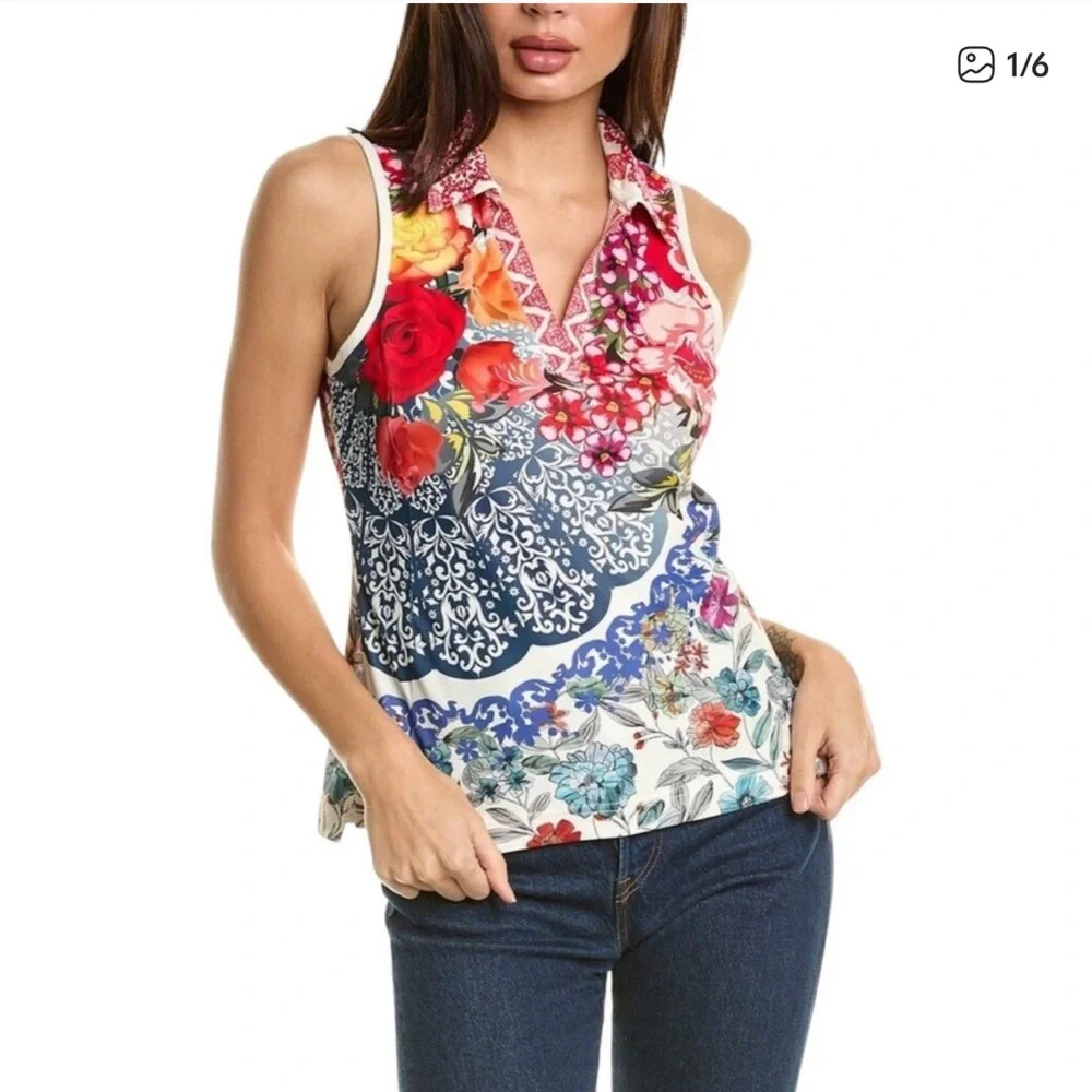 Johnny Was XL Tango Active Pique Polo V Neck sleeveless top - Picture 1 of 6